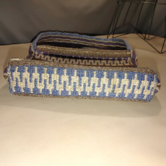 Handwoven Wool Shoulder Bag Blue White Brown Stripes Wood Button Closure Vintage - Picture 6 of 9